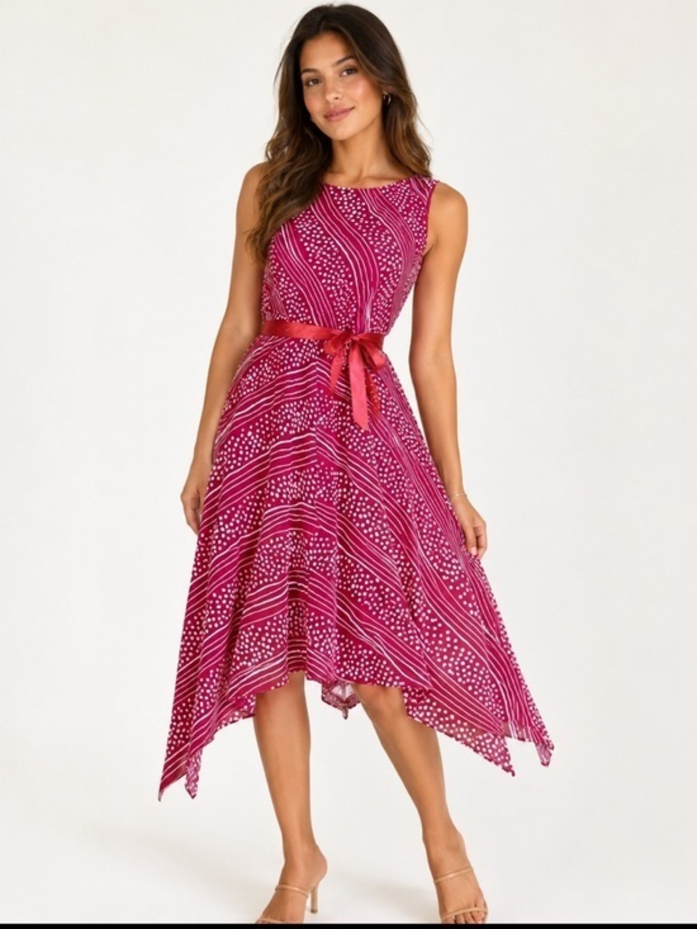 ICE Silk Sleeveless Pink Dot Print Handkerchief Hem Dress Size 12